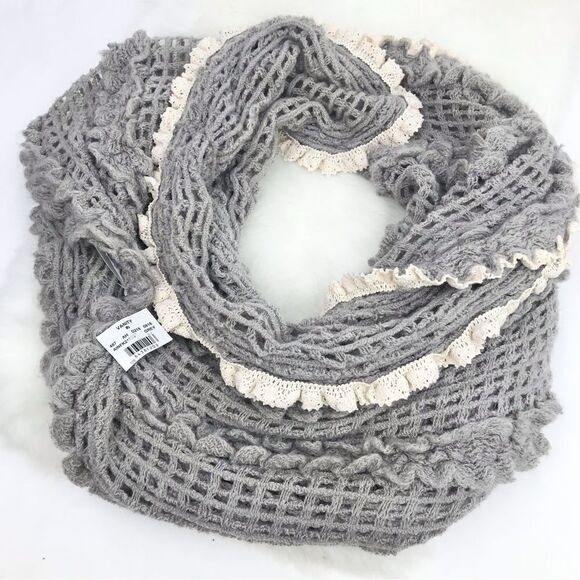 Vanity Gray Open Knit Infinity Scarf with cream lace trim- New With Tags - Picture 1 of 15